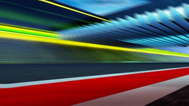 Yan görünümü hareket bulanıklığı boş asfalt uluslararası yarış izlemek kırmızı ve beyaz güvenlik hattı ile .