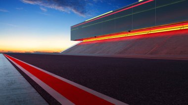 View of infinity empty asphalt international race track with red and white line, evening scene, 3d rendering clipart