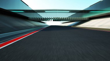 Yan görünümü hareket bulanıklığı boş asfalt uluslararası yarış izlemek ile modern cam cephe köprü.