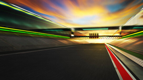 Motion blurred modern racetrack with bridge and sunset background .