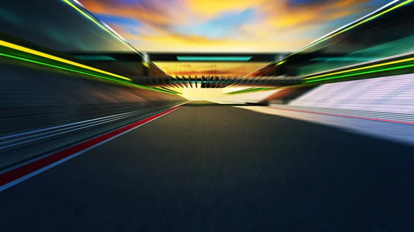 Przejdź Ruch Niewyraźne Nowoczesny Tor Wyścigowy Mostu Zachód Słońca Tle — Zdjęcie stockowe