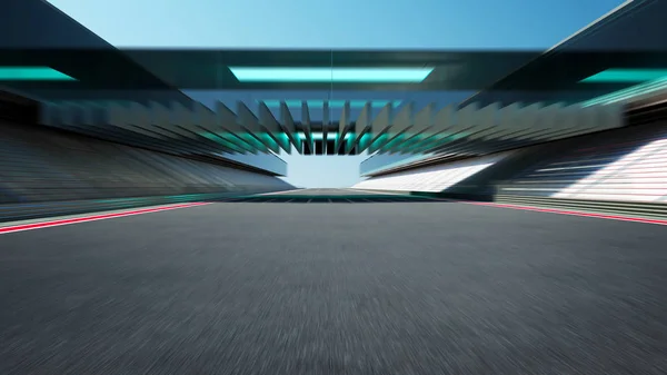 侧视运动模糊空沥青国际赛道与现代玻璃幕墙桥 — 图库照片