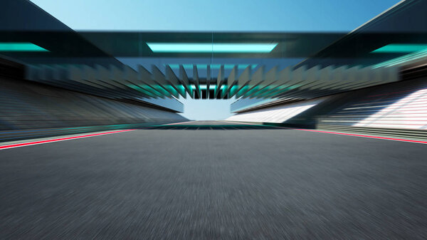 Side view motion blur empty asphalt international race track with modern glass facade bridge.