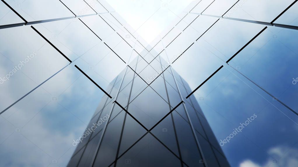 Low angle view of generic modern office skyscrapers ,high rise buildings with abstract geometry glass facades on a bright sunny day . Concepts of finances and economics background. 3d rendering .