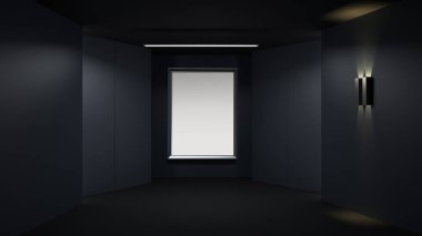 3D rendring boş oluşturma resim çerçevesi ile minimalist ve modern tasarım Stüdyo Oda alan arka plan, aydınlatma düşük anahtar .