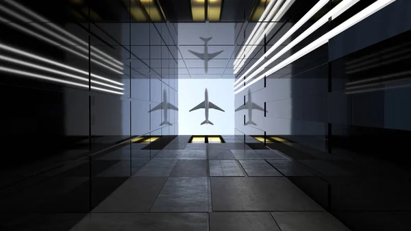 Avião Voando Sobre Vidro Moderno Genérico Edifícios Escritórios Concreto Conceitos — Fotografia de Stock
