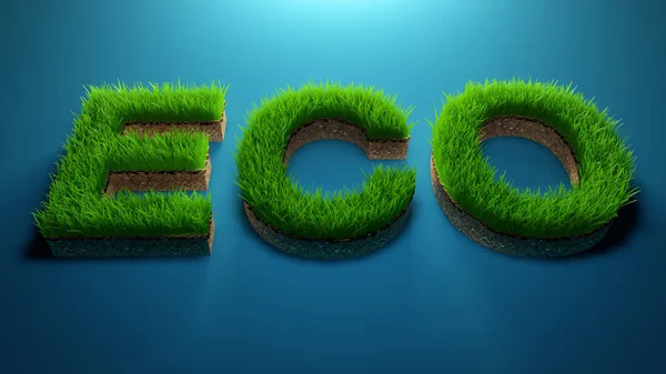 Rendering Eco Word Made Green Grass Gradient Blue Background Earth — Stock Photo, Image