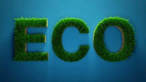 Render Eko Kelime Degrade Mavi Zemin Üzerine Yeşil Çim Yapılmış — Stok fotoğraf