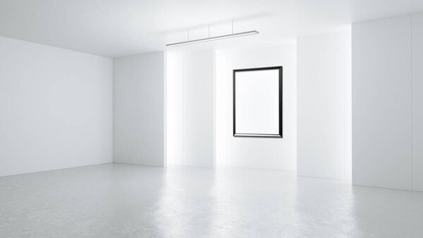 3D rendering empty rendering picture frame with minimalist and modern design studio room space background, high key lighting .
