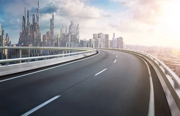 レンダリング未来派都市スカイライン高架高速道路橋を風景します — ストック写真