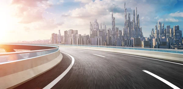 Renderizado Futurista Concepto Ciudad Paisaje Horizonte Sobrevolar Puente Carretera — Foto de Stock