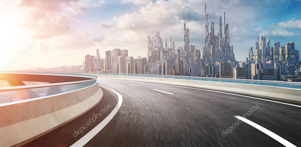 3D rendering futuristic concept city landscape skyline flyover highway bridge .