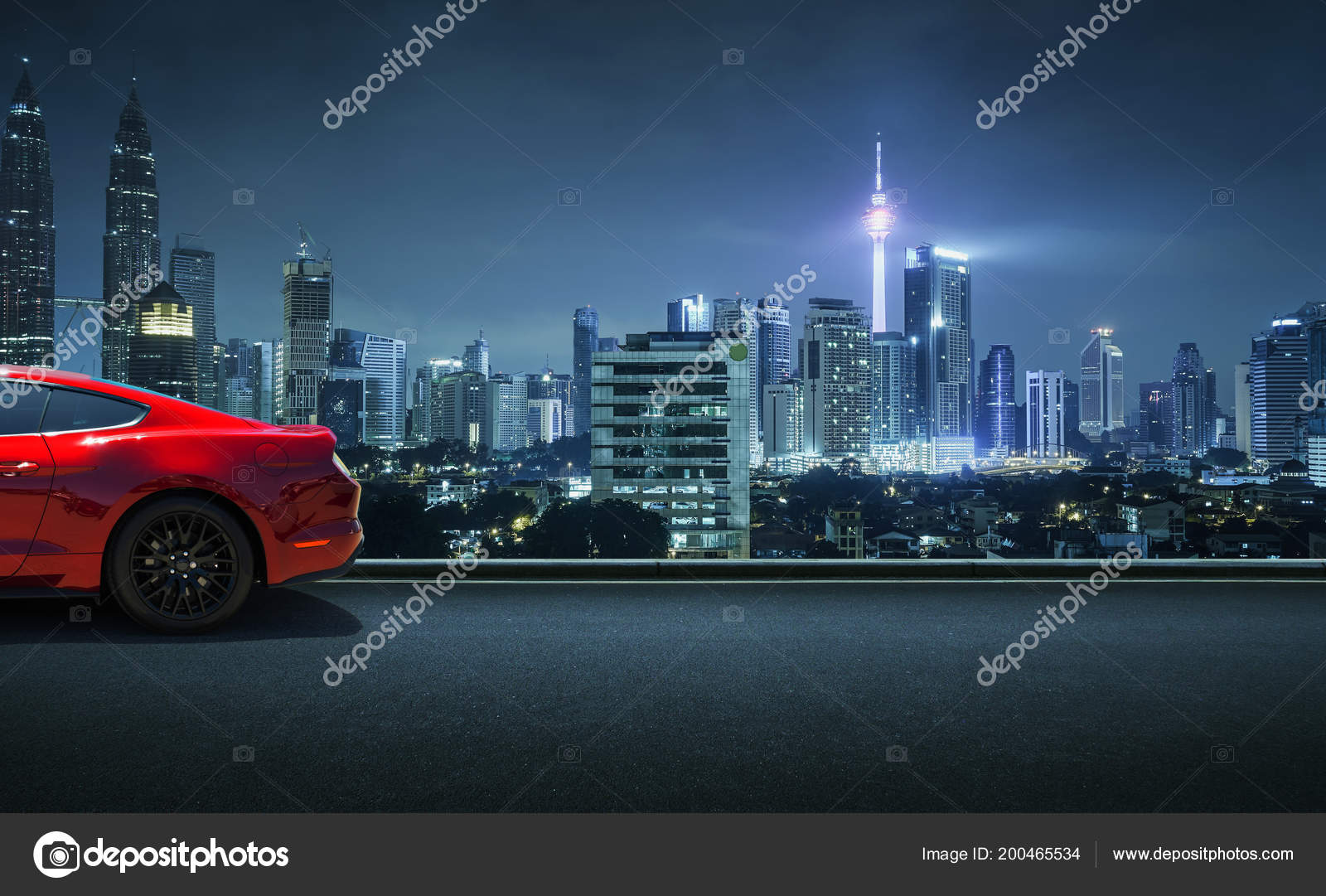 Sport Car Parked Road Side Night Sky Cityscape Background — Stock Photo