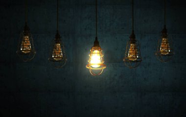 Asılı ampul standından dışarı diğer ampul. Liderlik, bağımsızlık, girişimi, strateji, muhalefet, düşünmek farklı, benzersiz, iş başarı kavramı .