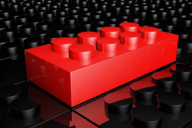 3d render kırmızı oyuncak tuğla siyah oyuncak tuğla kalabalıktan dışarı ayakta. Liderlik, bağımsızlık, girişimi, strateji, muhalefet, düşünmek farklı, benzersiz, iş başarı kavramı .