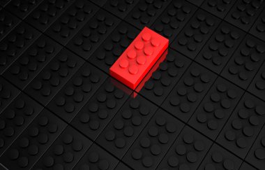 3d render kırmızı oyuncak tuğla siyah oyuncak tuğla kalabalıktan dışarı ayakta. Liderlik, bağımsızlık, girişimi, strateji, muhalefet, düşünmek farklı, benzersiz, iş başarı kavramı .