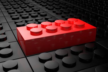 3d render kırmızı oyuncak tuğla siyah oyuncak tuğla kalabalıktan dışarı ayakta. Liderlik, bağımsızlık, girişimi, strateji, muhalefet, düşünmek farklı, benzersiz, iş başarı kavramı .