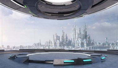 Fütüristik iç tasarım büyük pencereler ve fütüristik şehir kentsel peyzaj alanı Oda boş. 3B çizim oluşturma .