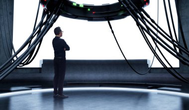 Seyir ve yüksek teknoloji kontrol odası boş büyük ekran ile ön düşünme iş adamı. Karışık teknik .