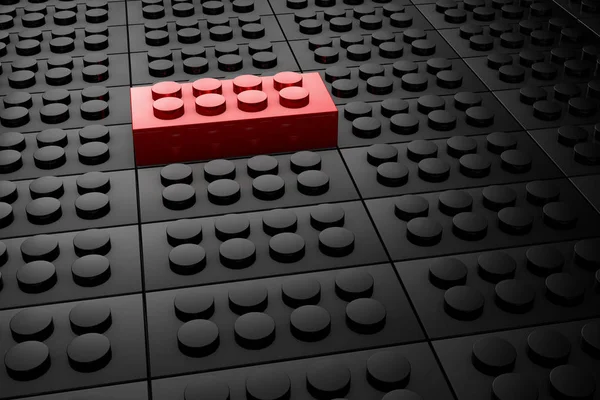 3d render kırmızı oyuncak tuğla siyah oyuncak tuğla kalabalıktan dışarı ayakta. Liderlik, bağımsızlık, girişimi, strateji, muhalefet, düşünmek farklı, benzersiz, iş başarı kavramı .