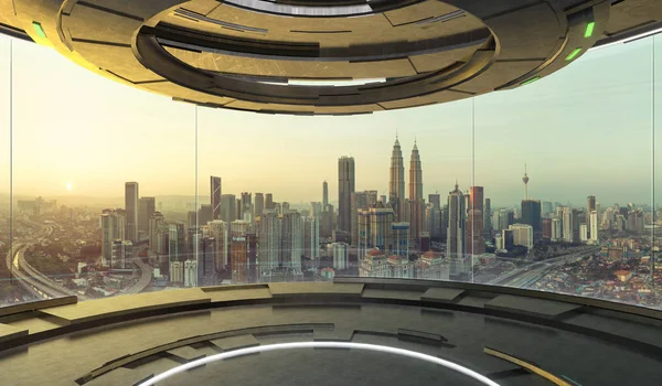 Futurisztikus Belső Kialakítás Üres Szoba Nagy Ablakokkal City Városi Táj — Stock Fotó
