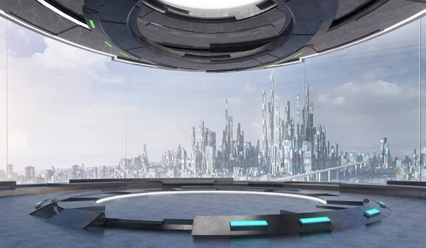 Fütüristik iç tasarım büyük pencereler ve fütüristik şehir kentsel peyzaj alanı Oda boş. 3B çizim oluşturma .