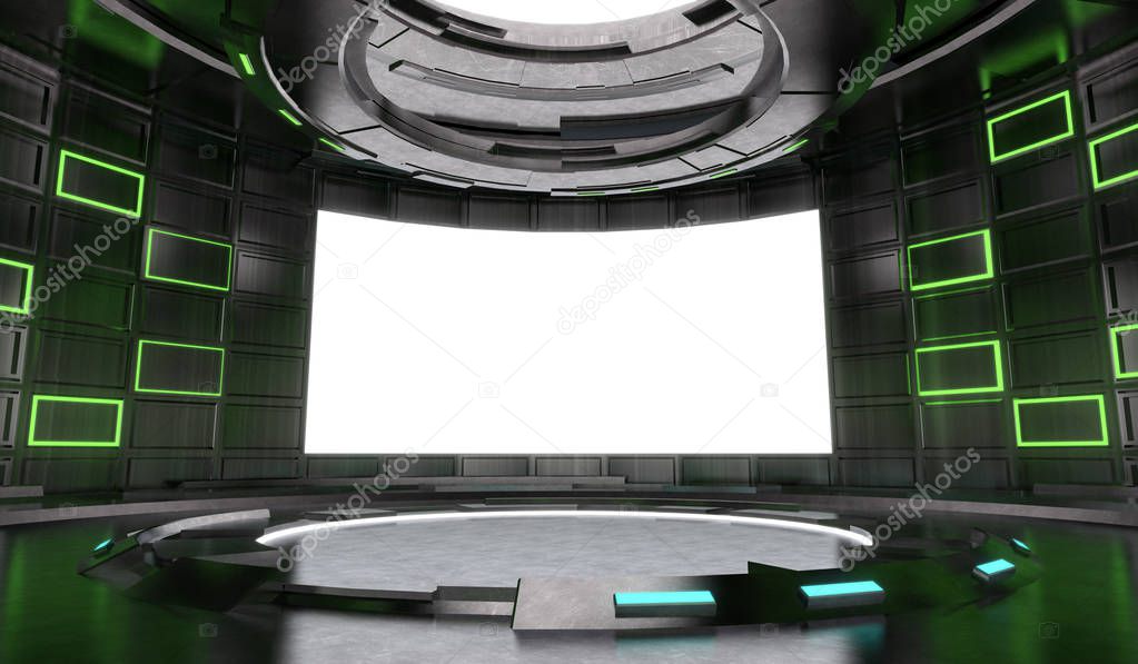 Futuristic and Sci-Fi design stage interior with neon light and blank  screen background . 3d illustration rendering .