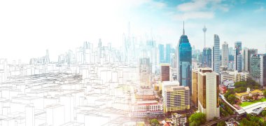 Kroki ve gerçek karıştırmak kentsel cityscape sahne, geliştirme ve gayrimenkul iş kavramı, karışık teknik .