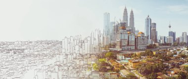 Kroki ve gerçek karıştırmak kentsel cityscape sahne, geliştirme ve gayrimenkul iş kavramı, karışık teknik .