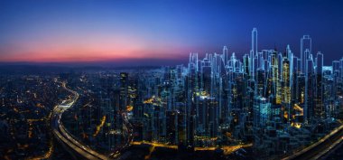 Kroki ve gerçek karıştırmak kentsel cityscape sahne, geliştirme ve gayrimenkul iş kavramı, karışık teknik .