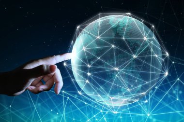 Dijital cam seyyare yerküre hologram tasarımı ile dokunmadan el. Küresel iş teknolojileri kavramı. Karışık teknik .