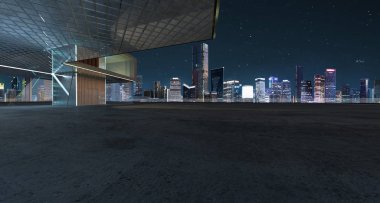 Perspektif Görünümü boş çimento zemin çelik ve cam modern Bina dış ile. 3D render ve gerçek görüntüler karışık teknik .