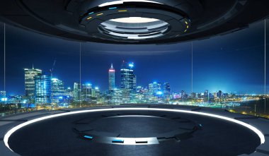 Fütüristik iç tasarım büyük pencereler ve şehir kentsel peyzaj boş oda. 3D render ve gerçek görüntüler karışık teknik .