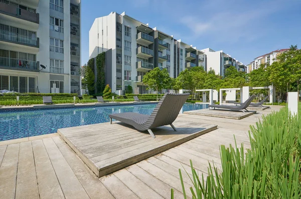 Modern residential buildings with outdoor facilities, Facade of new low-energy houses