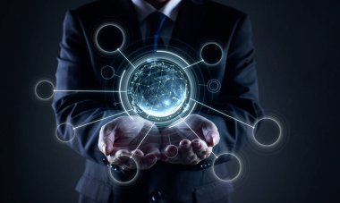 Uçan ağ bağlantısı kalıp, iletişim iş kavramı küre tutan işadamı .