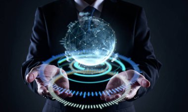 Uçan ağ bağlantısı kalıp, iletişim iş kavramı küre tutan işadamı