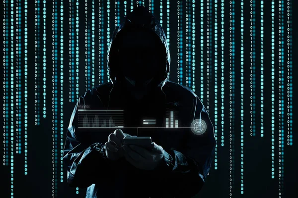 Unerkannter Hacker Mit Handy Porträt Handy Sicherheit Und Technologie Verbrechenskonzept — Stockfoto