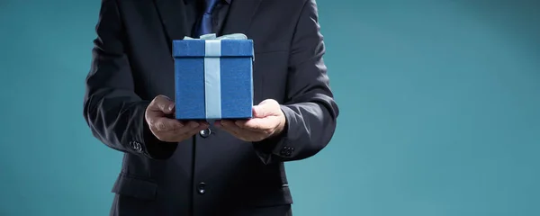 Businessman Holding Present Box Give Somebody — Stock Photo, Image