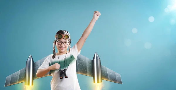 Happy Asian Child Playing Toy Rocket Dreaming Becoming Spacemen Pilot — Stock Photo, Image