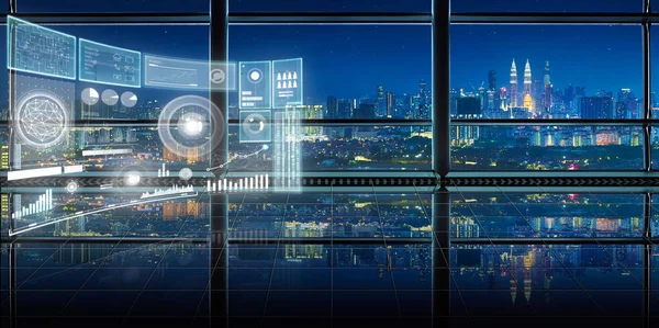 Smart  financial analytics virtual screen with big data, graph, connections icon, internet of things at empty and clean office interior with glass windows and city skyline background, night scene