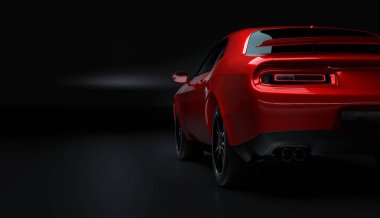 Sol arka görüş açısı genel brandless Amerikan kas araba kırmızı, siyah bir arka plan. Ulaşım kavramı. 3D çizim ve 3d render.