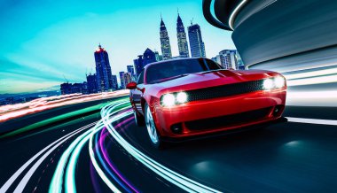 Front angle view of a generic red brandless American muscle car in a city street road  with motion blur speed light trail effect . 3D Rendering . clipart