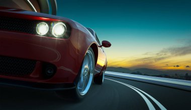 Closeup front and low angle view of a generic red  American muscle car in a city street road  with motion blur. Transportation concept. 3D Rendering. Mixed media . clipart