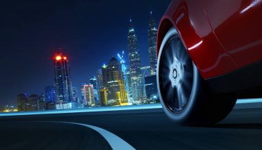 Hızlı hareket hız etkisi ile geceleri araba araba düşük açılı yan görünüm. Ulaşım kavramı. 3D render. Karışık teknik .