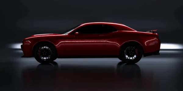 黒の背景に汎用的な赤い Brandless アメリカ筋肉車の側面角度の図です 輸送の概念 イラスト のレンダリング — ストック写真