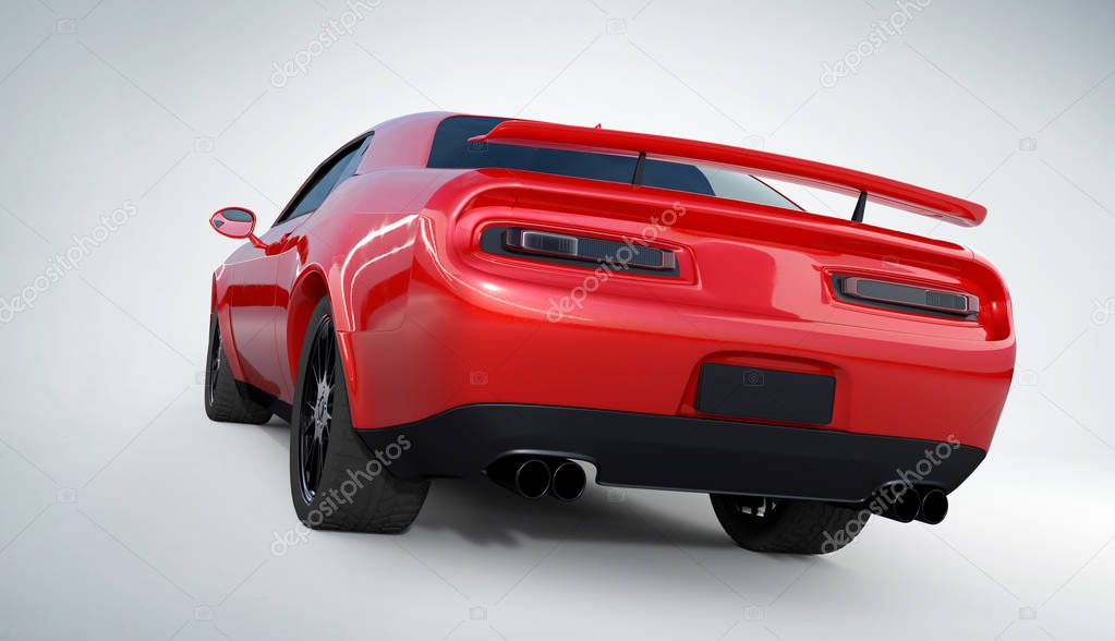 Rear left angle view of a generic red brandless American muscle car on a white background. Transportation concept. 3d illustration and 3d render.