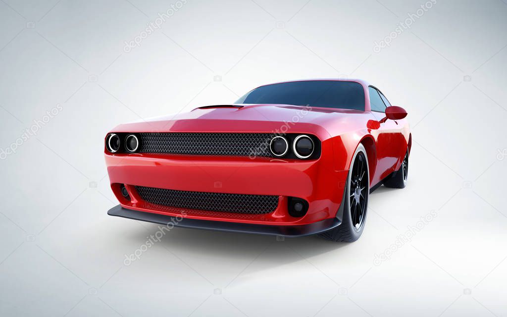 Front angle view of a generic red brandless American muscle car on a white background. Transportation concept. 3d illustration and 3d render.