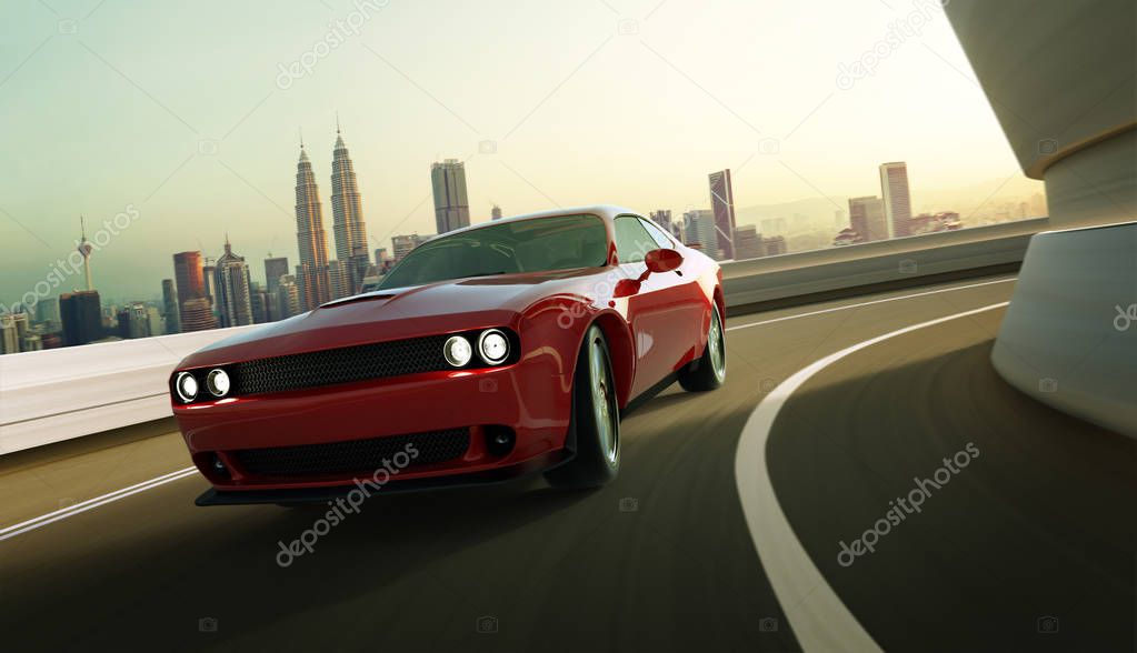 Front angle view of a generic red brandless American muscle car in a city street road  with motion blur. Transportation concept. 3D Rendering 