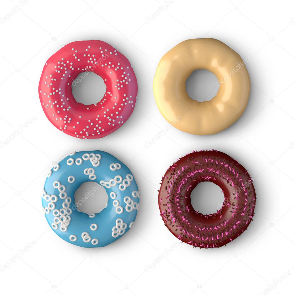 Top view various donuts isolated on white background