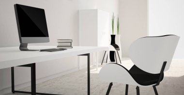 Modern ve minimalist parlak iç siyah beyaz mobilya oturma odası. 3D render .